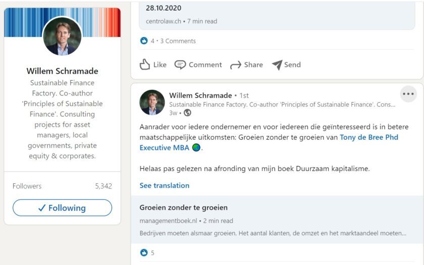 Willem Schramade van Duurzaam Kapitalisme op LinkedIn over Groeien zonder te groeien. Succesvol ondernemen in de betekeniseconomie door Tony de Bree